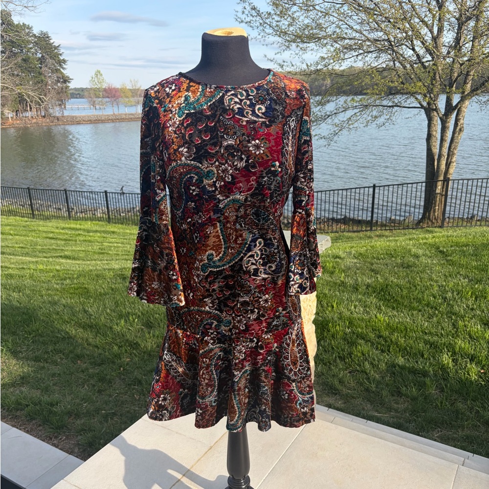 Velvet Burnout Paisley Mini Dress Boho Festival Y2K Prelude S